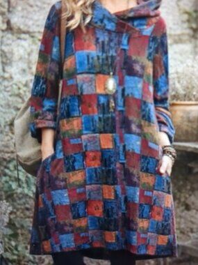M / L Minibee Boho Hooded Lagenlook Hooded Long Sleeved Dress Sweatshirt